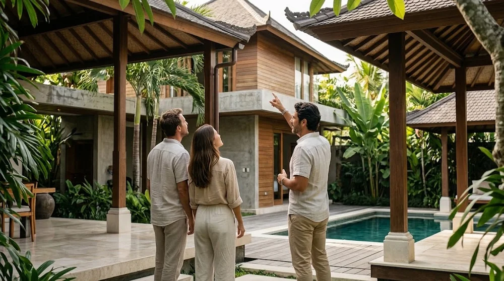 Un asesor y dos compradores inspeccionan una villa en Bali
