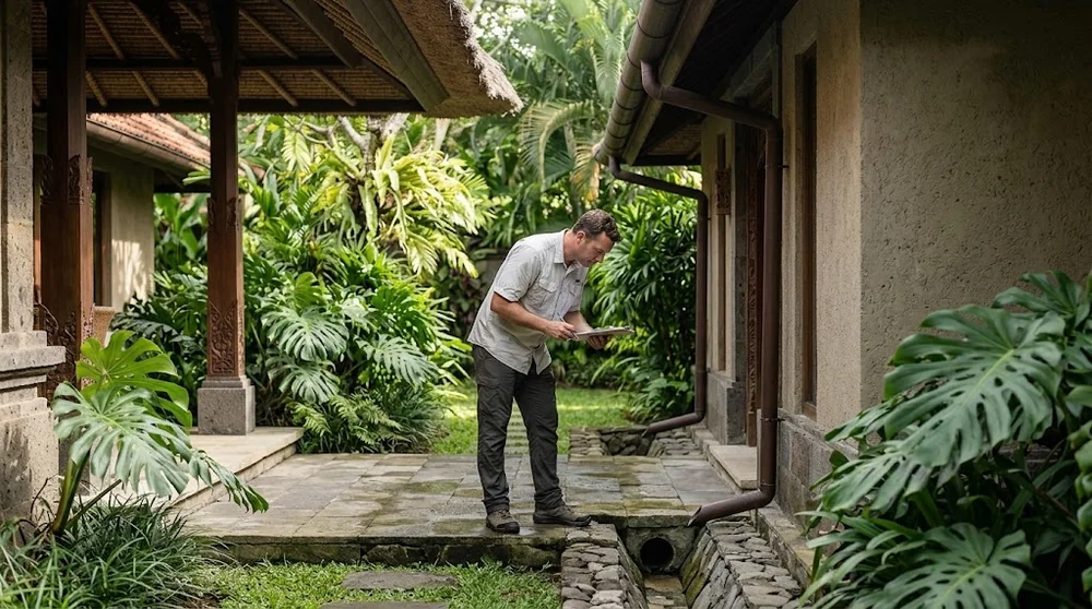Inspección del drenaje exterior de una villa en Bali