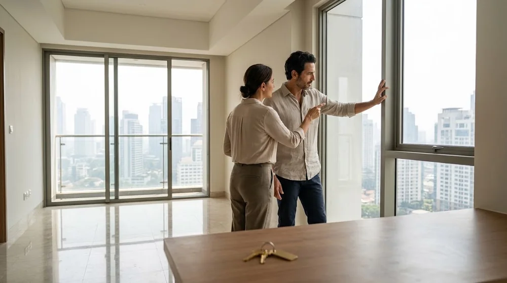 Compradores revisan un apartamento en Jakarta durante la entrega